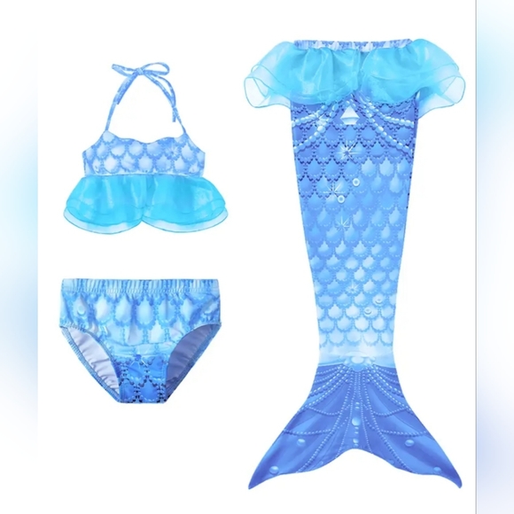 NWT Girls 3pc 🧜‍♀️ MERMAID SWIM SUITS. ADORABLE!! Ruffled halter top. Mermai - Picture 2 of 10